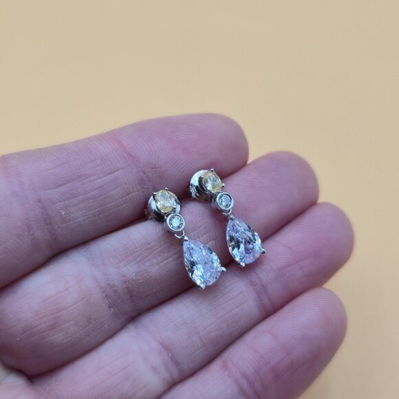 Sterling Silver Brilliant Yellow And Clear Cubic Zirconia Earrings A4557 - Picture 3 of 8